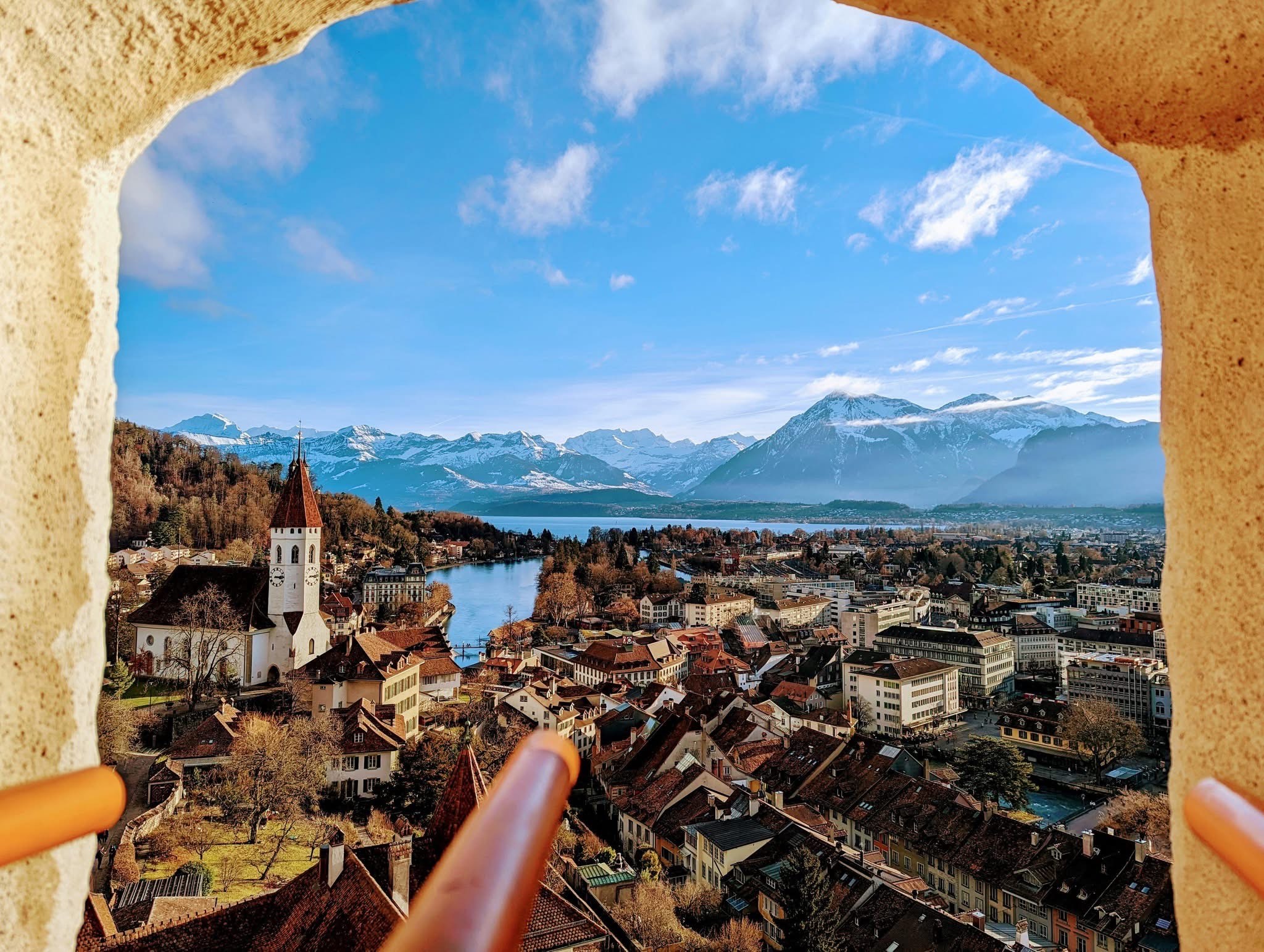View from inside Schloss Thun looking out over the town and lake